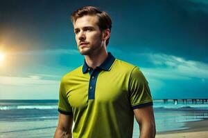 ein Mann im ein Grün Polo Hemd Stehen auf das Strand. KI-generiert foto