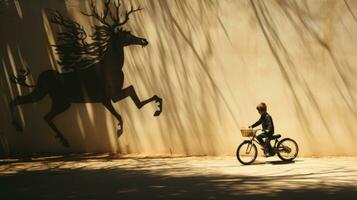 Silhouette von ein Junge Reiten ein Fahrrad mit Schatten von ein mystisch Pferd. foto