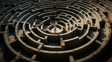 Mann hat verloren im ein Komplex cyrcle Labyrinth Labyrinth, surreal abstrakt Konzept. foto