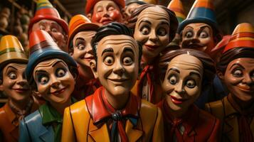 Gruppe von hölzern Pinocchio Spielzeuge, Grusel Szene. foto