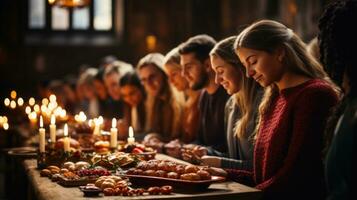glücklich das Erntedankfest Tag Gruppe von jung Menschen Sitzung beim das Tabelle im das Kirche während das Christian Fest. foto