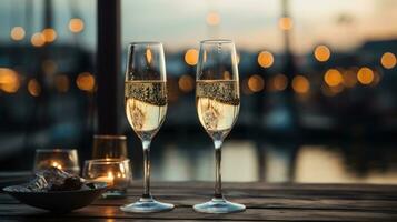 funkelnd Champagner Brille mit Neu Jahre Feuerwerk im das Hintergrund foto