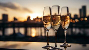 Champagner Flöten mit ein funkelnd Stadtbild im das Hintergrund foto