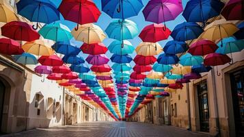 bunt Regenschirme im das Stadt foto