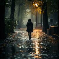 Frau Gehen allein im das Regen foto