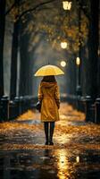 Frau im Gelb Regenjacke mit Regenschirm im das Regen foto