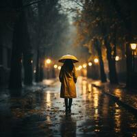 Frau im Gelb Regenjacke mit Regenschirm im das Regen foto