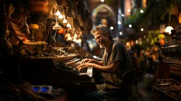 Porträt von ein Senior Mann spielen das Klavier im ein Nacht Markt im Quintana roo Mexiko. foto