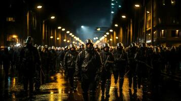 Gruppe von Demonstranten protestieren im das Stadt. randalieren Polizei. foto