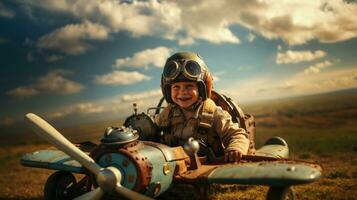 wenig Junge im ein Piloten Helm auf ein Hintergrund von das Himmel. Jahrgang Wirkung. foto
