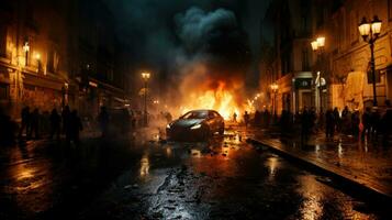 Gruppe von Demonstranten protestieren im das Stadt. Mensch Rechte Rallye und Gerechtigkeit Krieger Konzept. Verbrennung Autos auf Straßen. foto