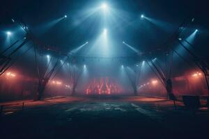 Zirkus Arena im das Licht von Scheinwerfer, Bühne von ein ziehen um Zirkus. Touring Zirkus. generiert durch künstlich Intelligenz foto