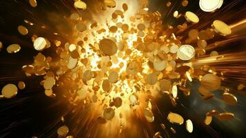 3d Gold Münze Explosion ai generiert foto