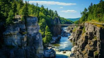 Reise Schlucht Wald Berg ai generiert foto