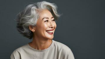 glücklich und lächelnd attraktiv Schönheit asiatisch Senior Frau, isoliert auf einfach Hintergrund Studio Porträt, ai generiert foto