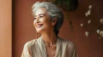 glücklich und lächelnd attraktiv Schönheit asiatisch Senior Frau, isoliert auf einfach Hintergrund Studio Porträt, ai generiert foto