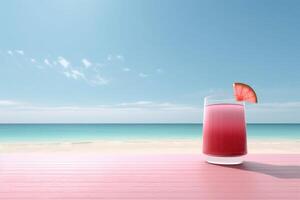 Komposition im Pastell- Blau und Rosa Farben. Eis Cocktail auf Licht Rosa Tabelle auf das sandig Strand Bar beim das Küste von das Meer. Kopieren Raum. ai generativ foto