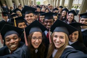 Studenten im Abschluss Kostüm nehmen Selfie draußen. generativ ai foto