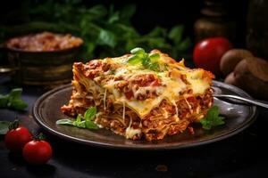 Stück von Lasagne Bolognese auf Platte. Italienisch Küche. generativ ai foto