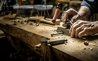 Zimmermann Handwerk, Hände, Meißel, Hammer, Holz Rasuren foto