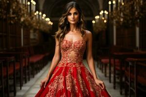 Herrlich indisch Dame anziehen ein atemberaubend rot Lehenga Kleid foto