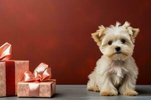 minimalistisch Weihnachten Hund Geschenke Anordnung Hintergrund mit leeren Raum zum Text foto