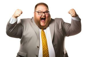 leidenschaftlich Fett Manager mit ein angehoben Faust isoliert auf ein Weiß Hintergrund foto