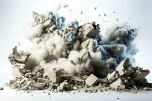 bröckelte Trümmer von hoch erhebt euch Implosion Nachwirkungen isoliert auf ein Weiß Hintergrund foto
