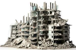 zerstört Stadt Wolkenkratzer Modell- Post Katastrophe isoliert auf ein Weiß Hintergrund foto