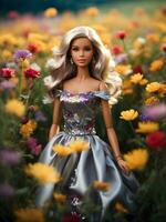 ein Barbie Puppe mit ein schimmernd Silber Kleid, Stehen im ein Feld von beschwingt Wildblumen foto