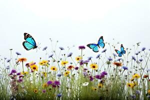 Blumen Schmetterlinge bunt Weiß Hintergrund Fotografie 4k virtuell hoch Auflösung generativ ai foto