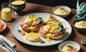 ein köstlich Eier Benedikt mit geräuchert Lachs Hollandaise Soße auf hölzern Tabelle foto