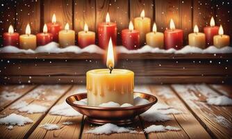 Verbrennung Kerze Weihnachten Dekoration auf hölzern Hintergrund im fallen Schnee und defokussiert Beleuchtung Hintergrund foto