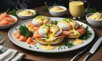 ein köstlich Eier Benedikt mit geräuchert Lachs Hollandaise Soße auf hölzern Tabelle foto