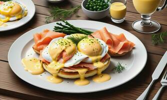 ein köstlich Eier Benedikt mit geräuchert Lachs Hollandaise Soße auf hölzern Tabelle foto