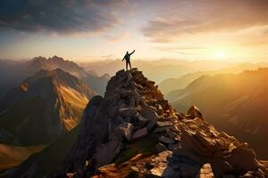 Mann Stehen auf oben von ein Cliff beim Sonnenuntergang mit Sonnenlicht Aufpassen das schön Berg. Leistung Erfolg Konzept. ai generiert foto