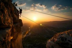 Mann Klettern ein Berg Cliff beim Sonnenuntergang oder Dämmerung. extrem Sport Herausforderung Aktion. kostenlos Person mit Ausrüstung und Drähte. ai generiert foto