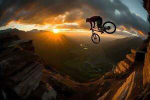 Silhouette von Motorrad Fahrer tun Kunststück auf felsig Berg wie springen Kreuz Steigung von Berg mit Sonnenuntergang hinterleuchtet. ai generiert foto