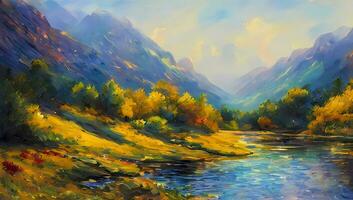 Fluss und Berg im Frühling Zeit künstlerisch Gemälde Hintergrund Impressionismus foto