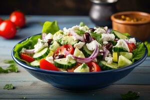 griechisch Salat mit Feta Käse und Olive Öl auf Platte. griechisch gesund Essen foto