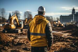 Konstruktion Arbeiter und ein Bagger steht im das Hintergrund. ai generativ foto