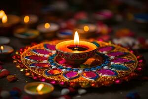 glücklich Diwali. Lehm Diya Lampen während Diwali Feier, Hindu Festival von Beleuchtung Feier.. ai generativ foto
