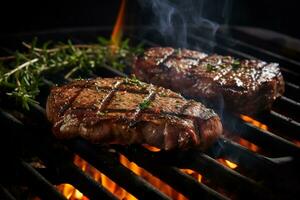 Grillen Rindfleisch Steaks Über flammend. generativ ai. foto