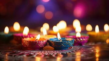 glücklich Diwali. Lehm Diya Lampen während Diwali Feier, Hindu Festival von Beleuchtung Feier. generativ ai foto