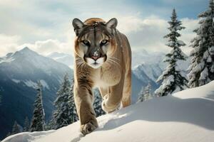 Berg Puma im ein schneebedeckt Landschaft foto