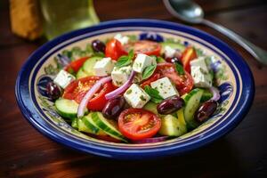 griechisch Salat mit Feta Käse und Olive Öl auf Platte. griechisch gesund Lebensmittel. ai generativ foto