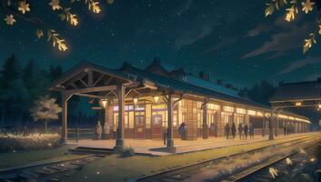 Zug Bahnhof Außen Schuss visuell Roman Anime Manga Hintergrund Hintergrund foto