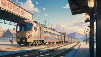 Zug Bahnhof Außen Schuss visuell Roman Anime Manga Hintergrund Hintergrund foto