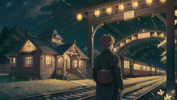 Zug Bahnhof Außen Schuss visuell Roman Anime Manga Hintergrund Hintergrund foto