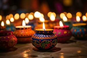 glücklich Diwali. Lehm Diya Lampen während Diwali Feier, Hindu Festival von Beleuchtung Feier.. generativ ai foto